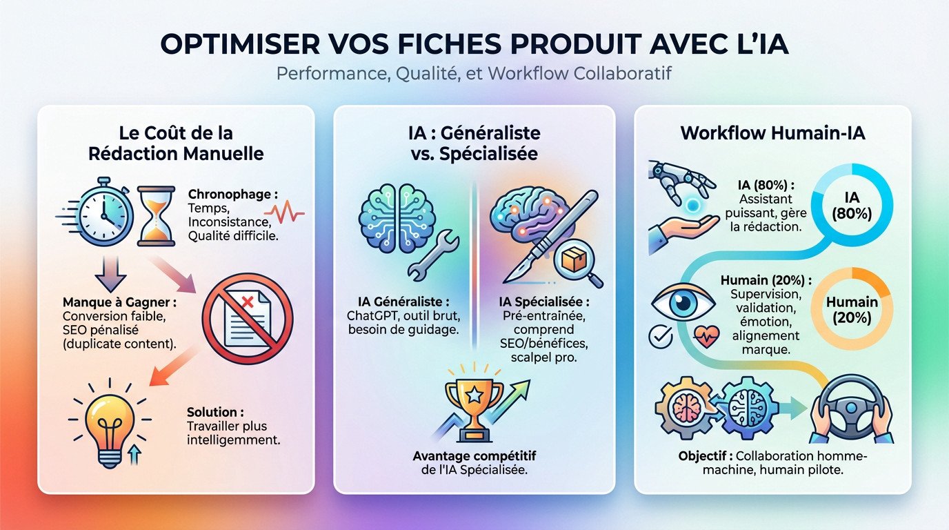 Illustration d'une interface de r&eacute;daction de fiche produit assist&eacute;e par intelligence artificielle montrant des m&eacute;triques de conversion