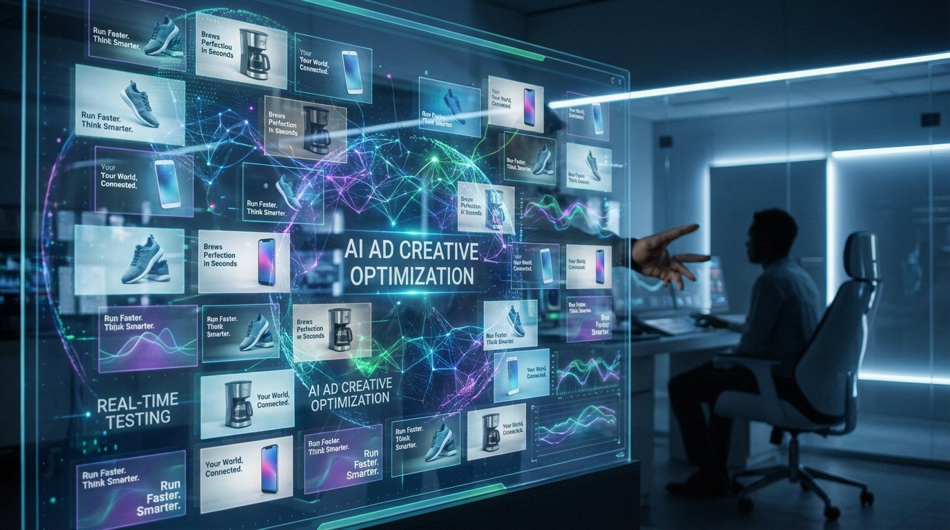 Transparent screen displays AI ad optimization with various product ads, glowing neural networks, and a person managing campaigns.