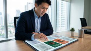 Thoughtful man points at vibrant unique product content amidst generic AI on a tablet screen in a modern office.