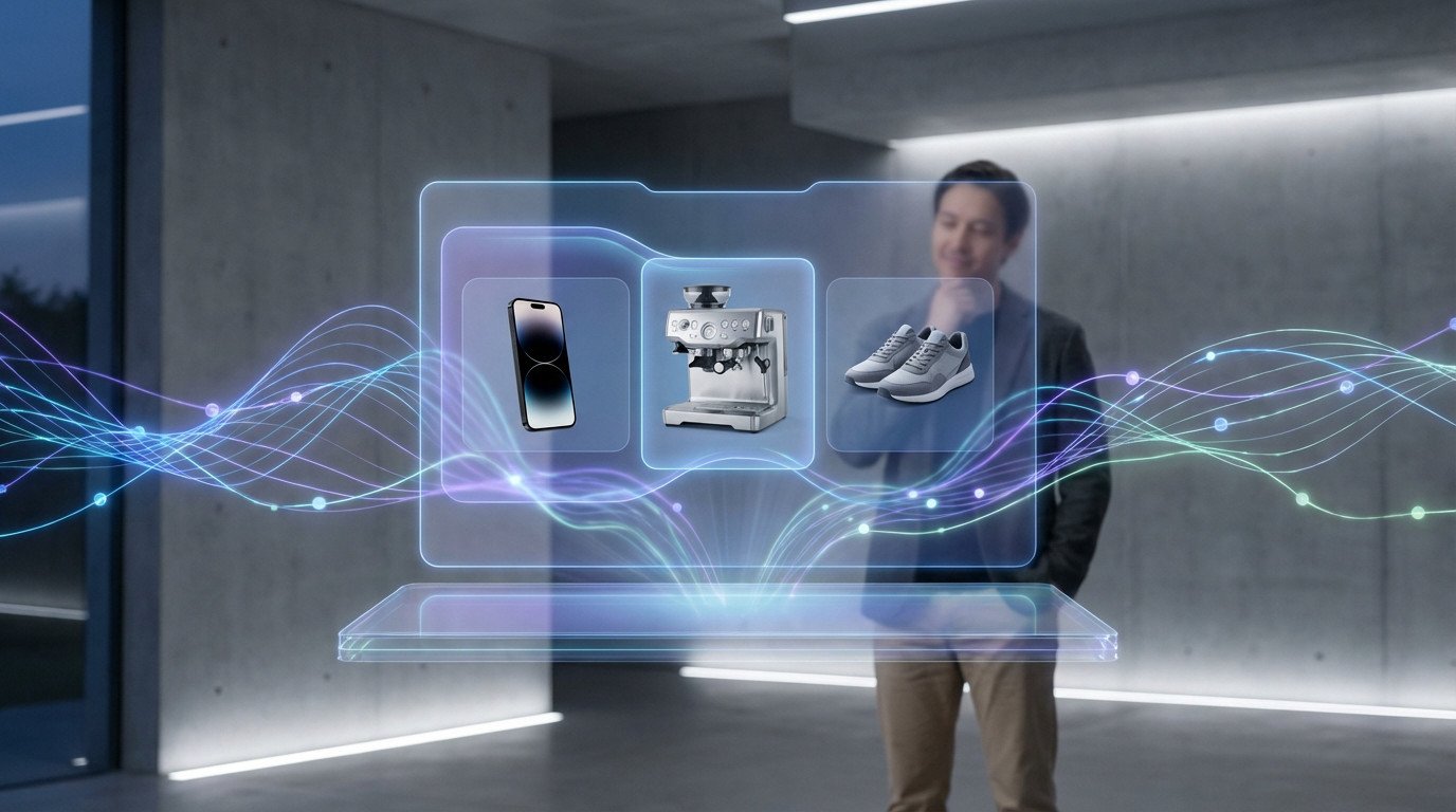 A person views a glowing holographic display showing a smartphone, coffee machine, and sneakers, surrounded by AI data lines in a futuristic setting.
