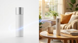 Split image: a white product bottle on a pure white background on the left, and the same bottle in a sunlit living room on the right, linked by a glowing blue line.