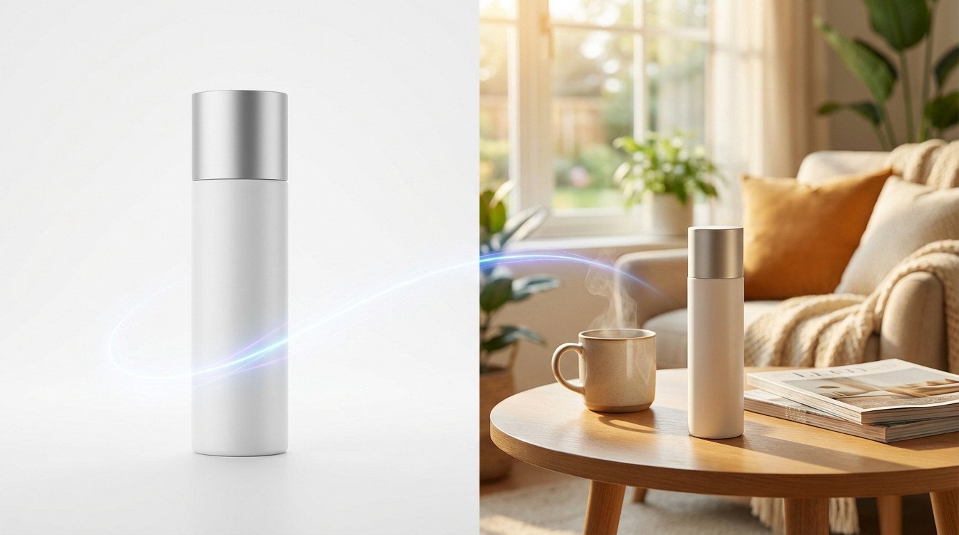 Split image: a white product bottle on a pure white background on the left, and the same bottle in a sunlit living room on the right, linked by a glowing blue line.